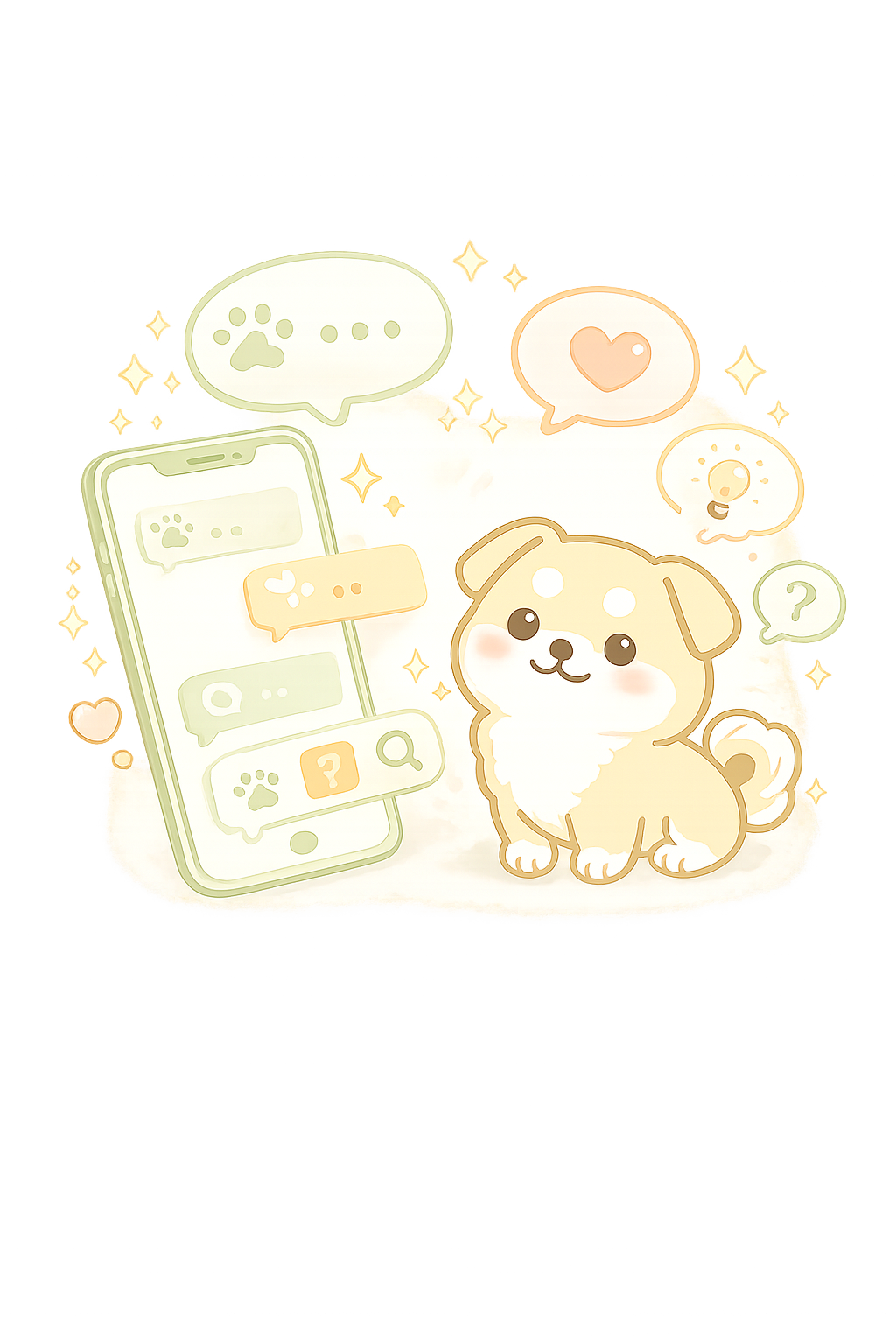 愛犬とAI相談の会話画面を描いた水彩風イラスト