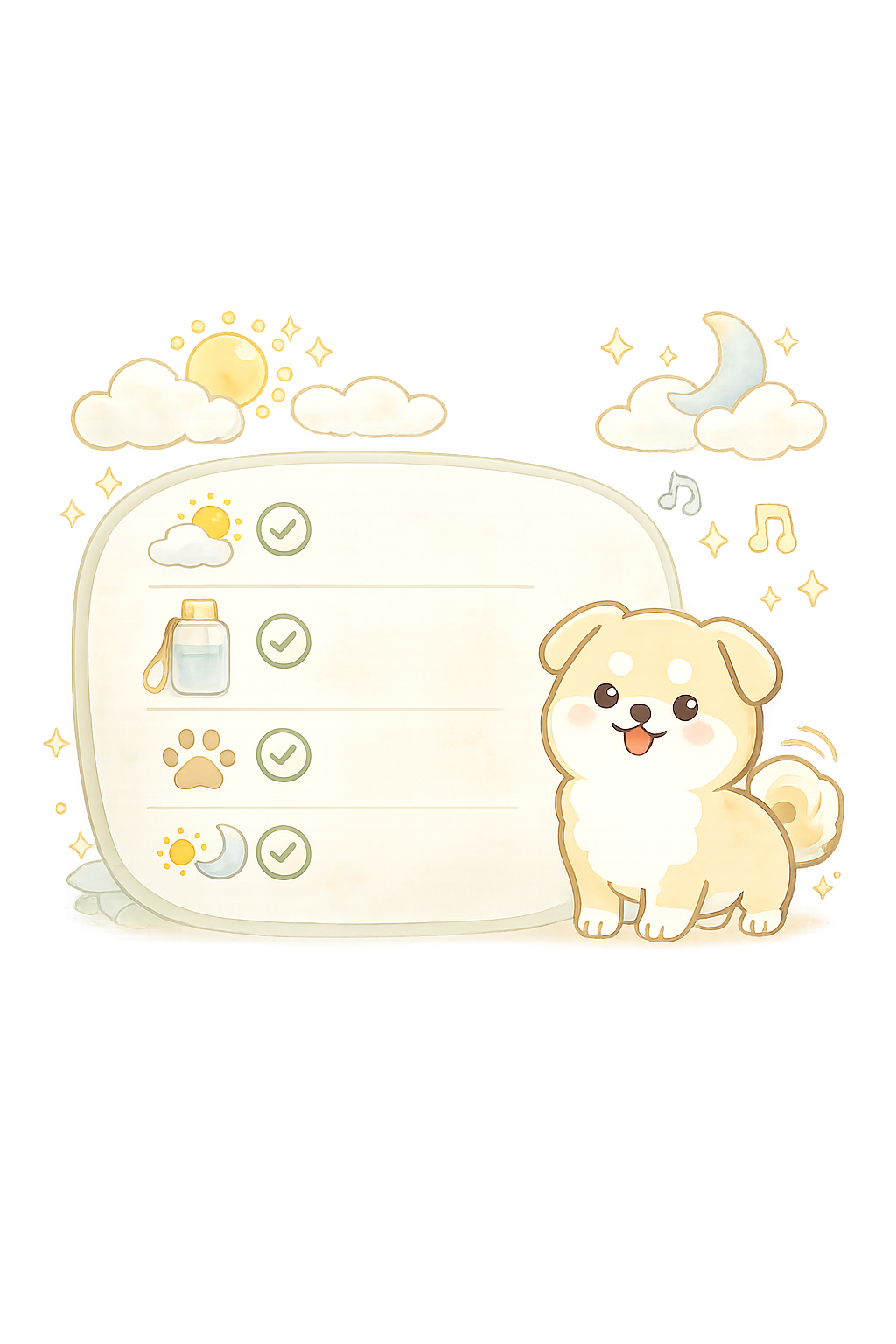 愛犬と毎日のケア項目を描いた水彩風イラスト